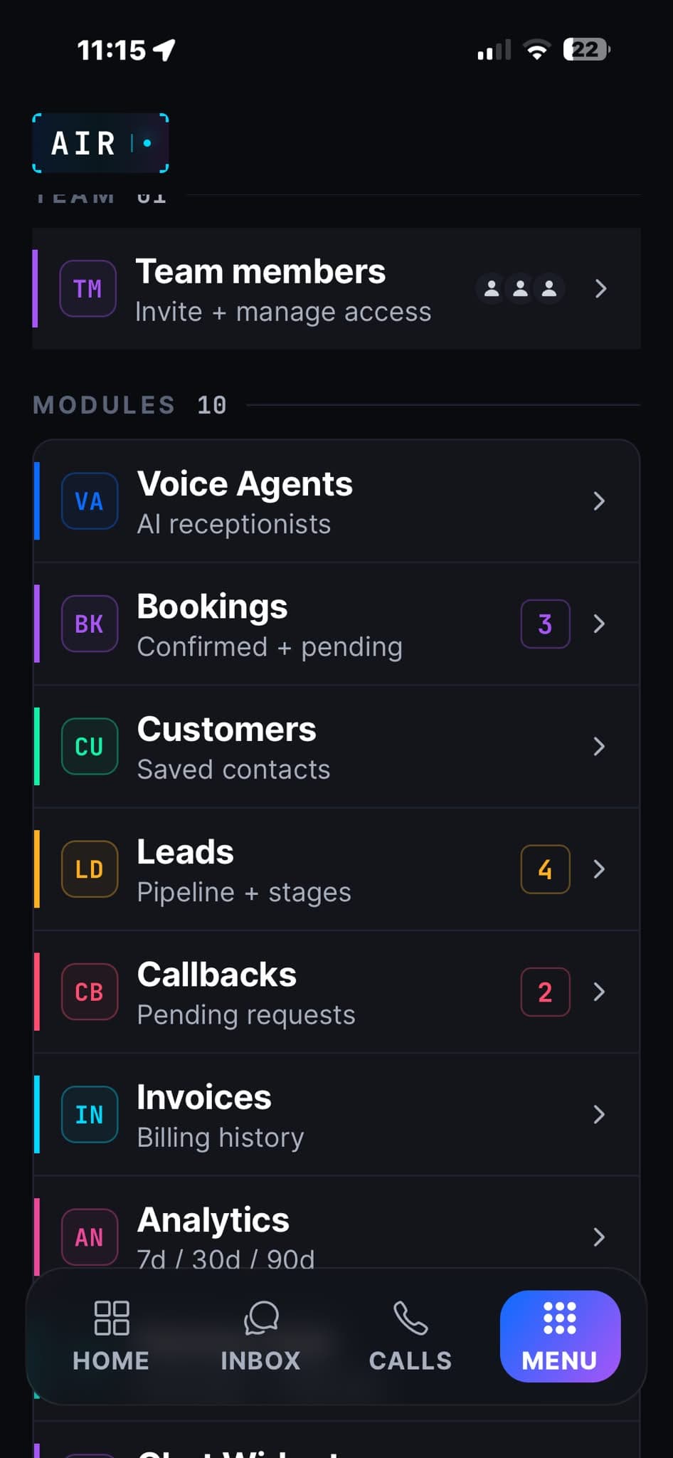 Aplicația AI Receptionist 24/7 — Menu